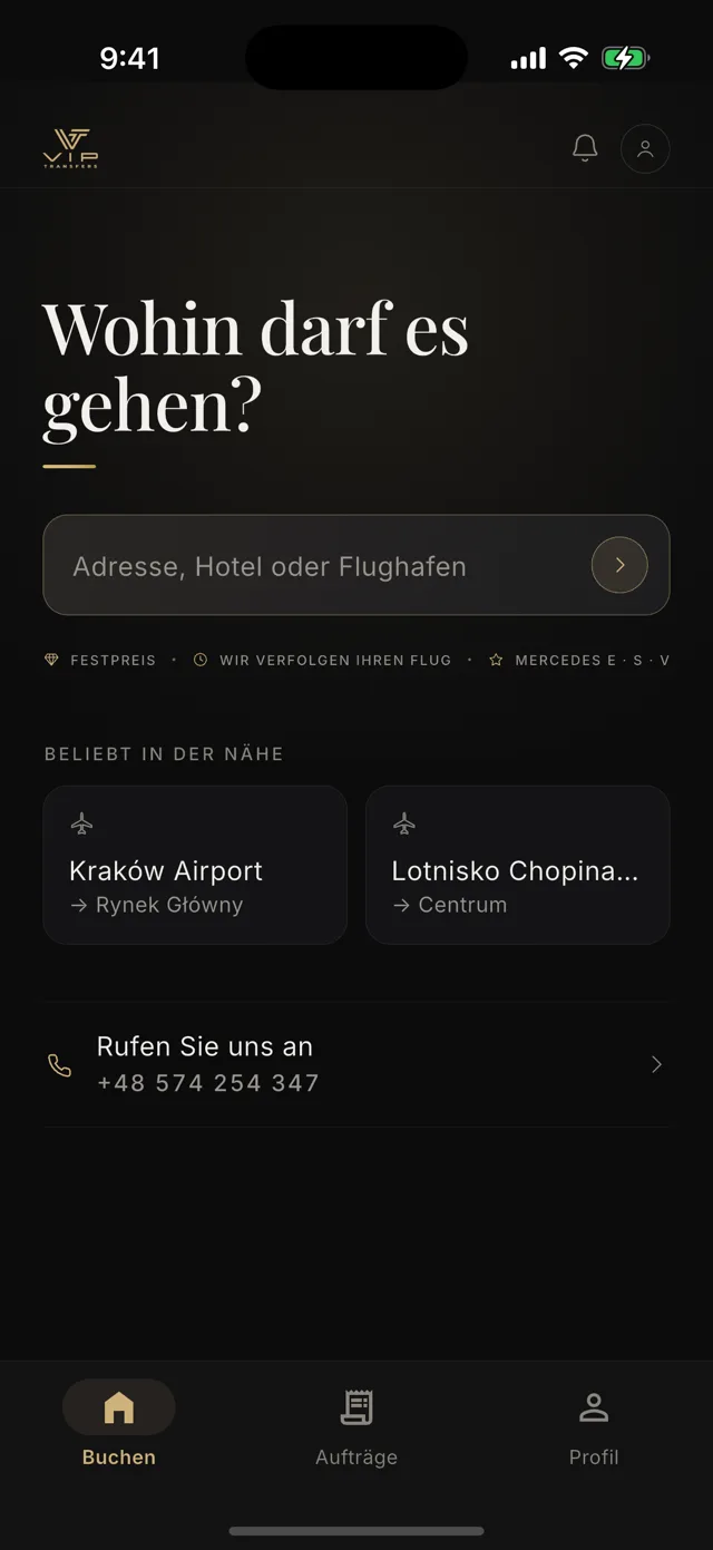 Startbildschirm der App mit Suchfeld und Flughafen-Kürzeln