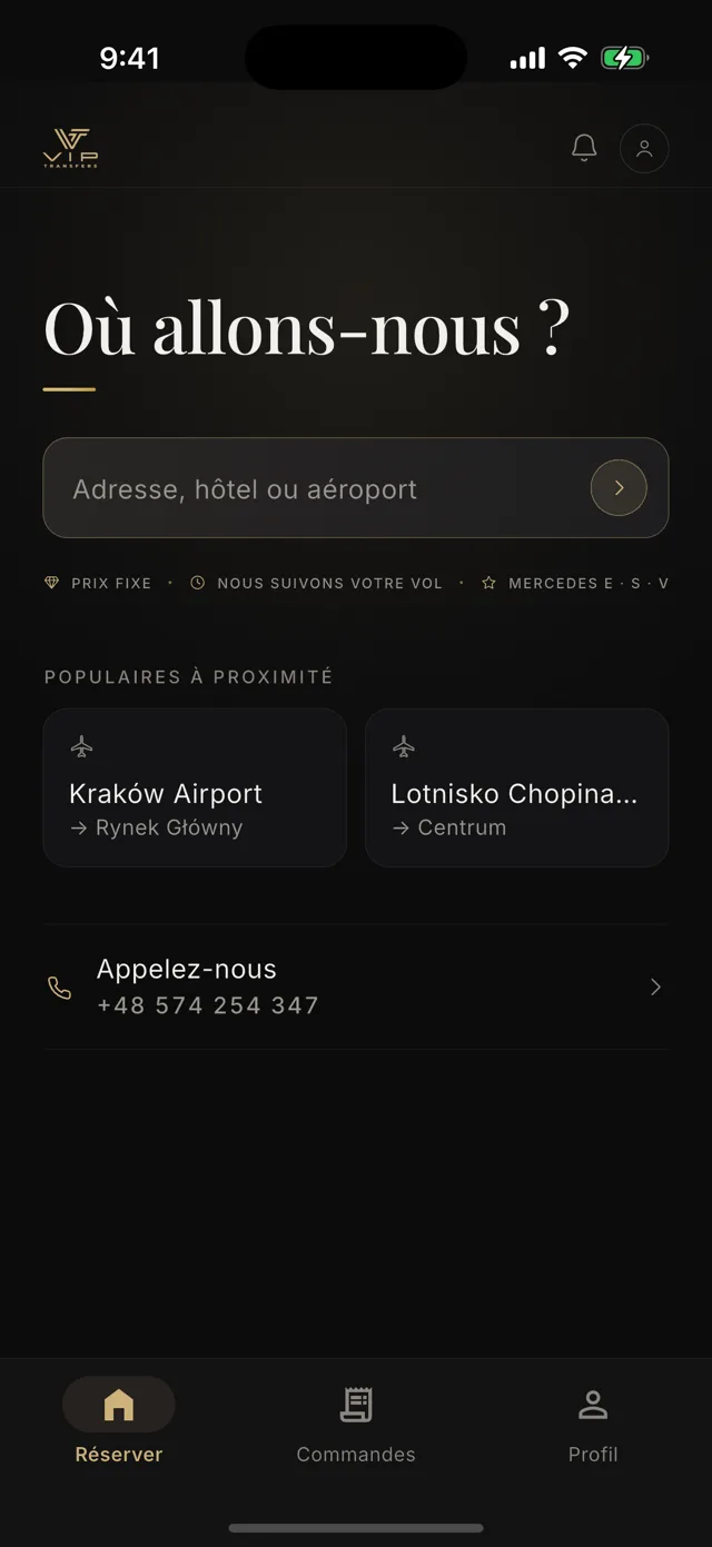 Écran d’accueil de l’application, avec le champ de recherche et les raccourcis vers les aéroports