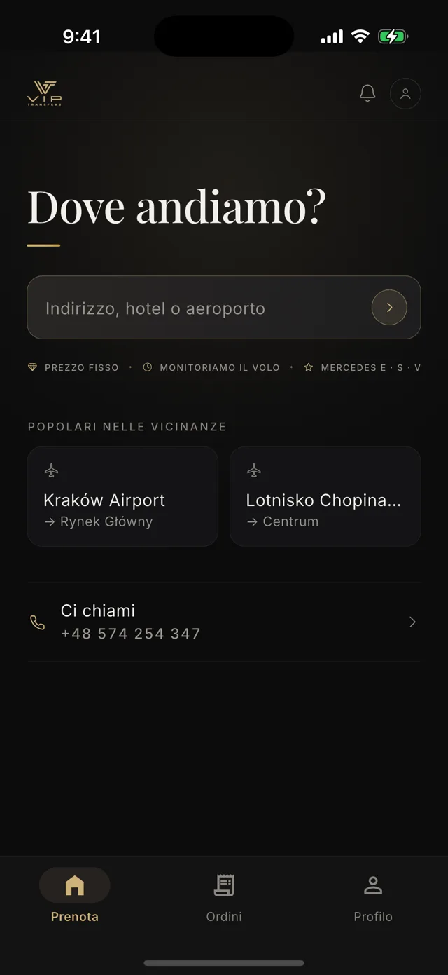 Schermata iniziale con il campo di ricerca e le scorciatoie per gli aeroporti