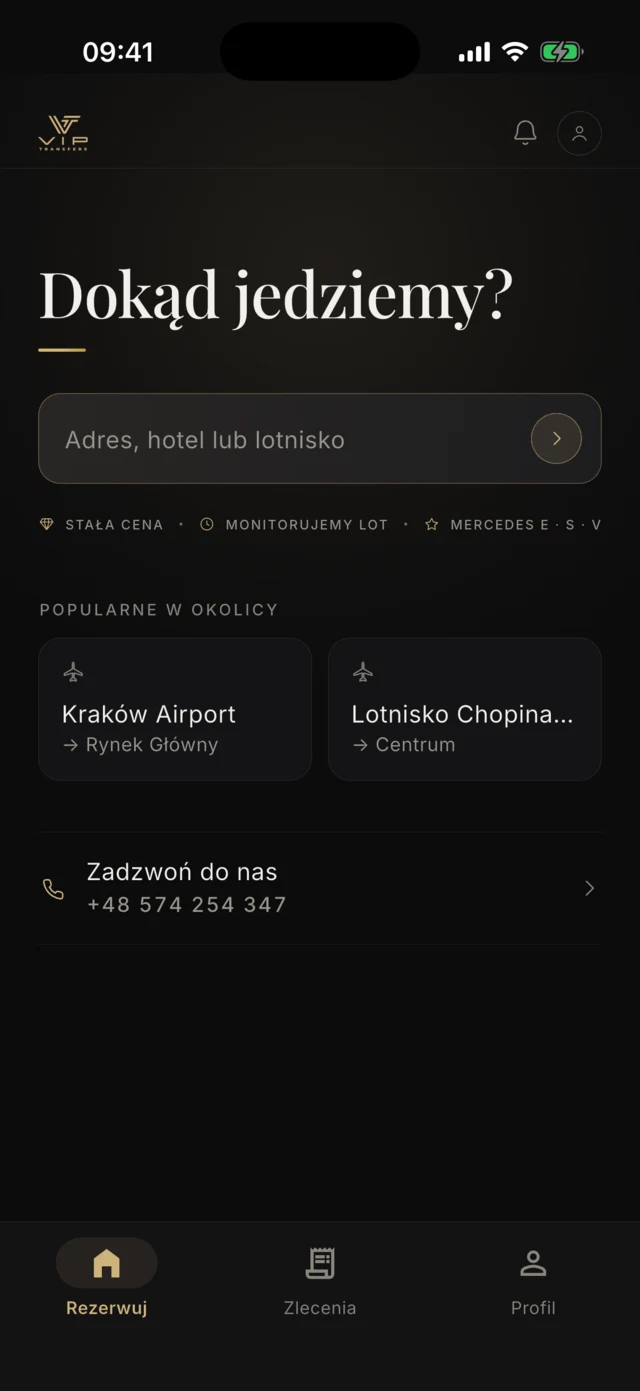 Ekran startowy aplikacji z polem wyszukiwania i skrótami do lotnisk