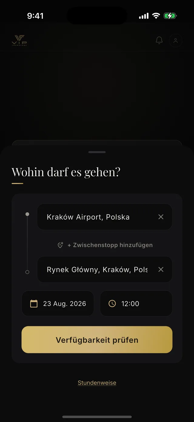 Buchungsbildschirm der App mit der Strecke vom Flughafen Krakau zum Hauptmarkt