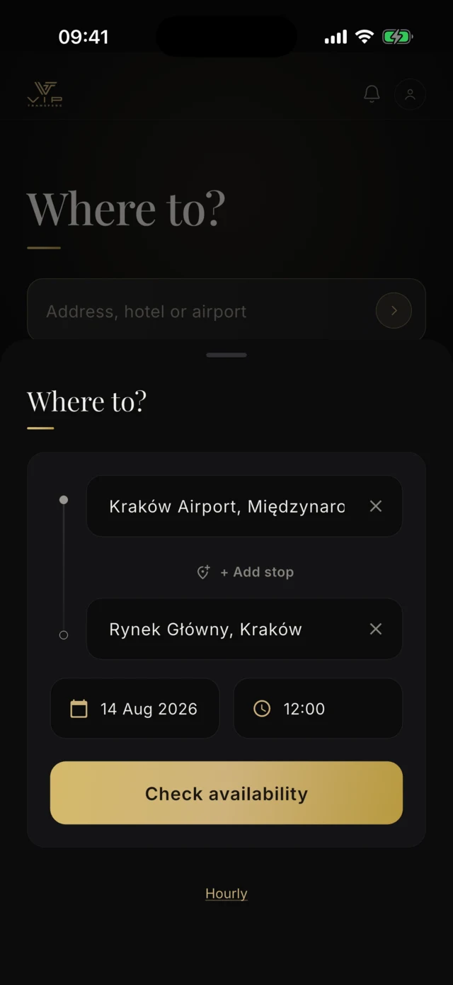 Buchungsbildschirm der App mit der Strecke vom Flughafen Krakau zum Hauptmarkt