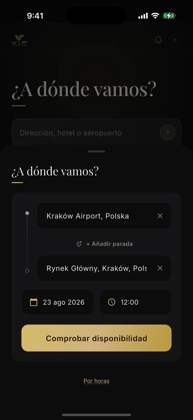 Pantalla de reserva de la aplicación con la ruta del aeropuerto de Cracovia a la Plaza del Mercado