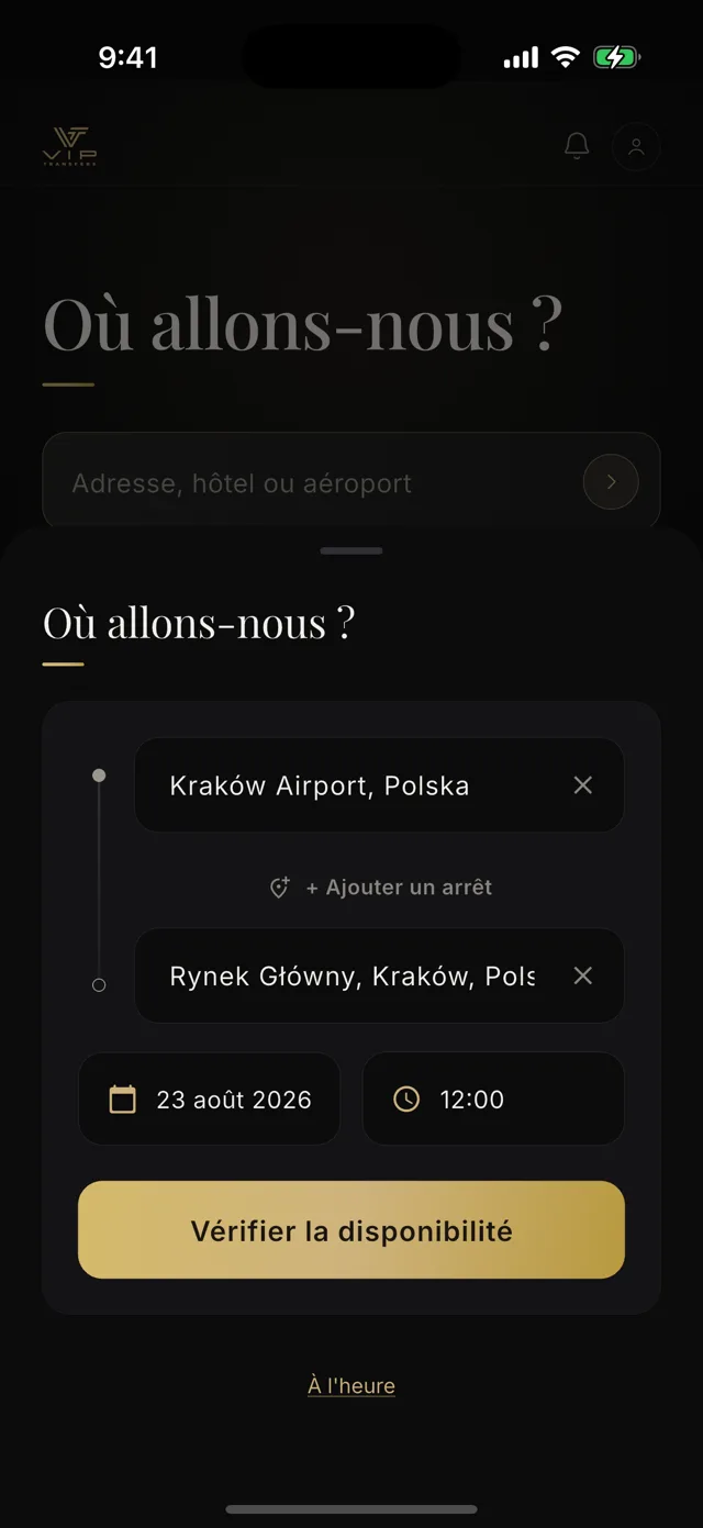 Écran de réservation de l’application, avec un trajet de l’aéroport de Cracovie à la Grand-Place
