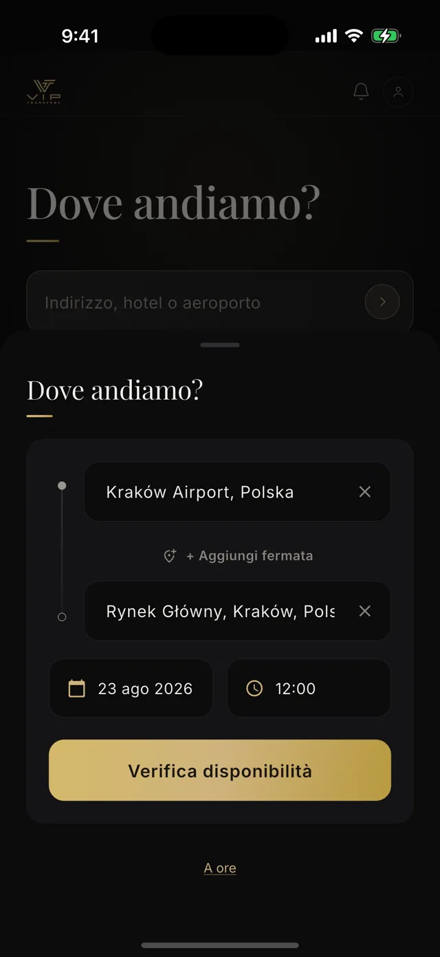 Schermata di prenotazione dell’app con il percorso dall’aeroporto di Cracovia alla Piazza del Mercato