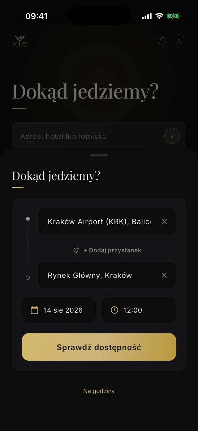 Ekran rezerwacji w aplikacji z wpisaną trasą z lotniska w Krakowie na Rynek Główny