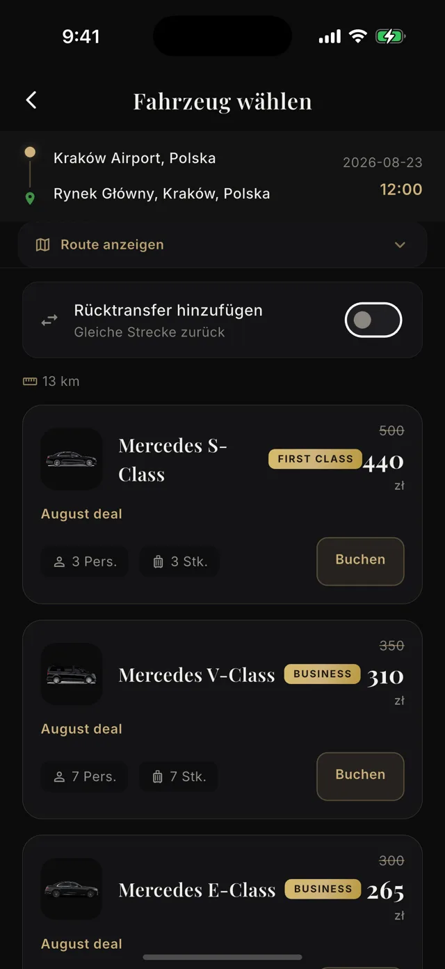 Fahrzeugauswahl mit Mercedes-Modellen und Preis