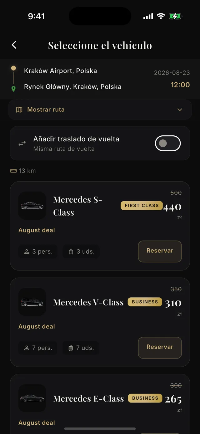 Pantalla de selección de vehículo con los modelos Mercedes y el precio