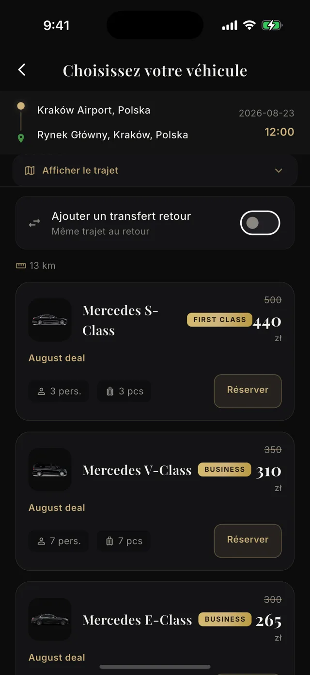 Écran de choix du véhicule, avec les modèles Mercedes et le prix