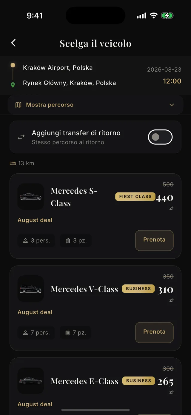 Schermata di scelta del veicolo con i modelli Mercedes e il prezzo